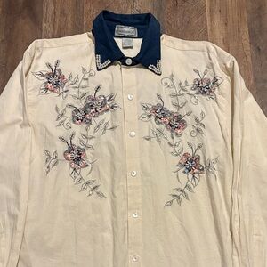 Jane Ashley Cream Shirt with Pink and Blue Embroidery